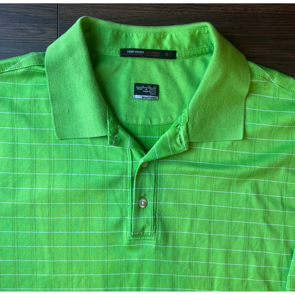 Nike Tiger Woods Collection Golf Polo Shirt Mens XL Lime Green Striped Fit Dry - Picture 2 of 8